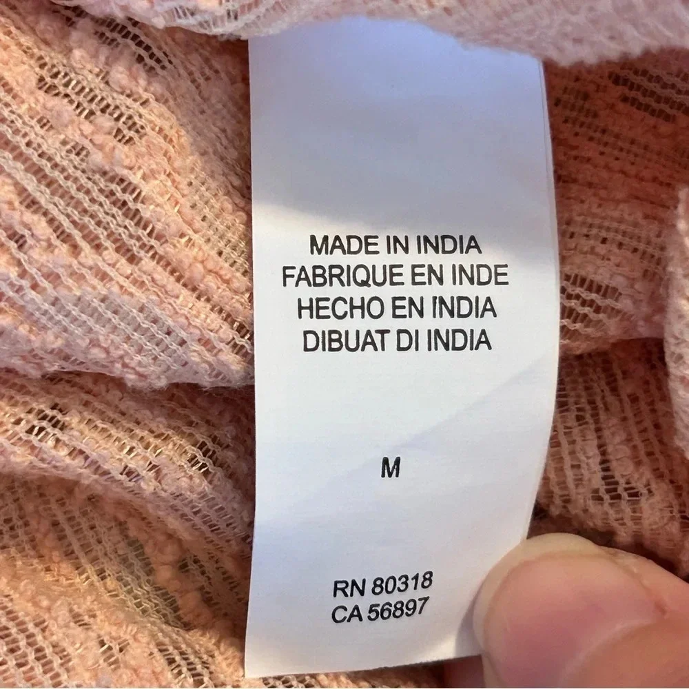 Lucky Brand Womens M Blush Pink Crochet 3/4 Sleeves Boho Top Sheer Square Neck - Picture 7 of 10